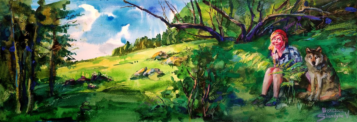Impressionistic Landscape Watercolour By Vladimyr Shandyba, 34 X 18", Little Red Riding Hood, Original Artwork
