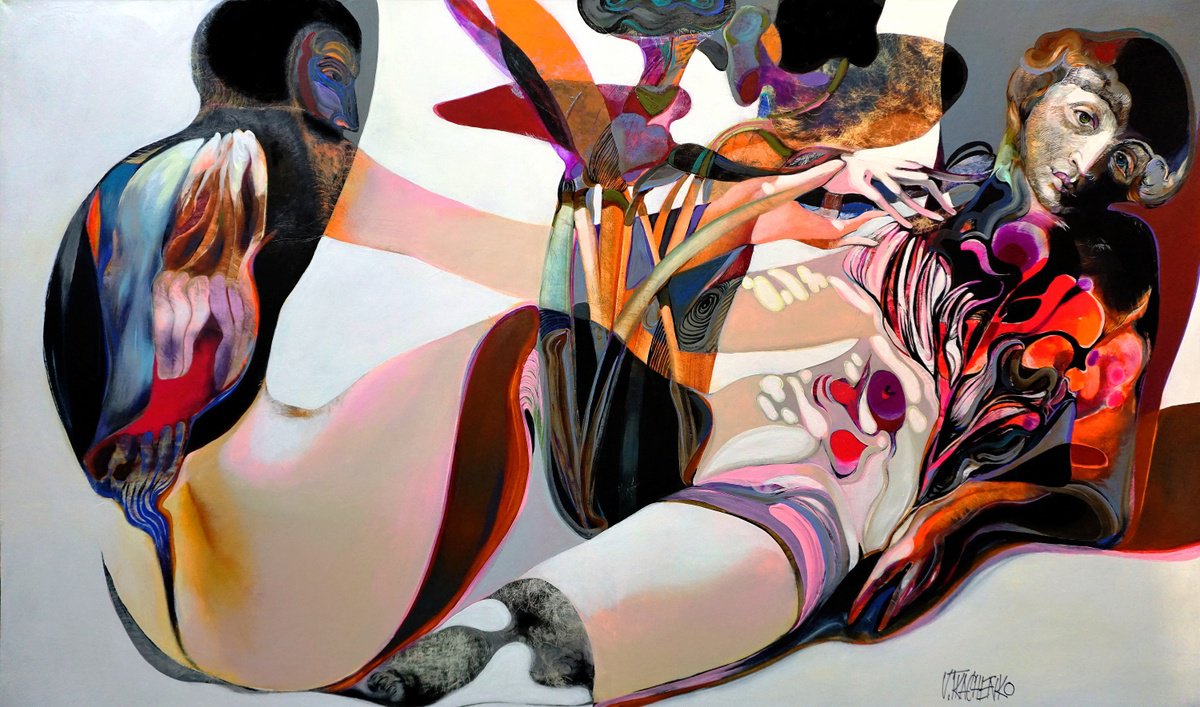 Organic Portrait Acrylic Painting By Victor Tkachenko, 51 X 30", Symbiosis, Original Artwork