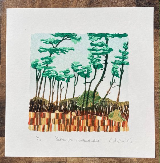 Sutton Hoo, woodland walk  - Tree Line Linocut Print - Mini Print