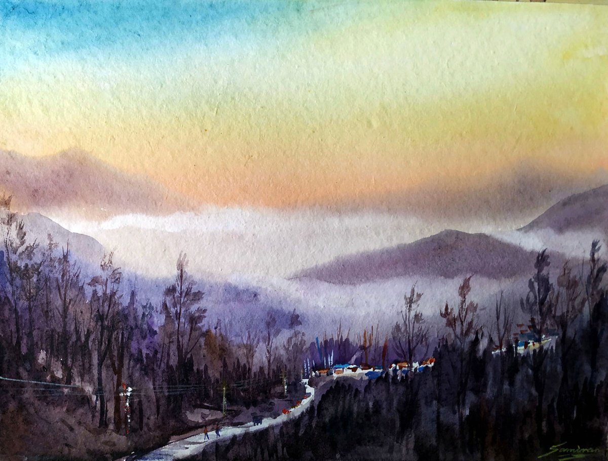 Impressionistic Landscape Watercolour By Samiran Sarkar, 15 X 11", Cloudy Himalayan Sunset, Original Artwork