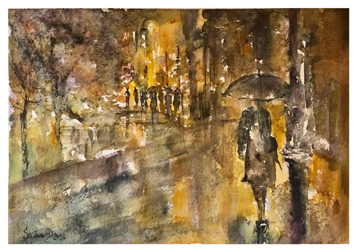 Impressionistic Cityscapes Watercolour By Snezana Djordjevic, 14 X 10", December Rain, Original Artwork