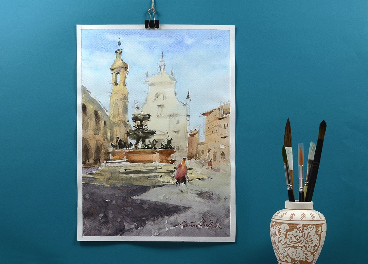 Impressionistic Cityscapes Watercolour By Marin Victor, 10 X 14", Loreto, Le Marche, Original Artwork
