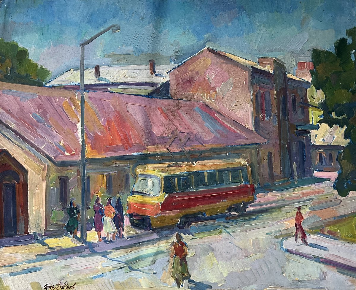 Impressionistic Landscape Oil Painting By Peter Tovpev, 22 X 28", Bus Stop, Original Artwork