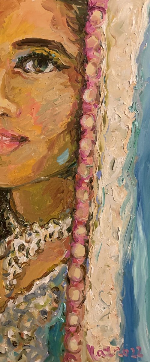 GIRL WITH BEADS- female portrait, face, love, original oil painting, light blue rose, Valentine 70x40 by Karakhan