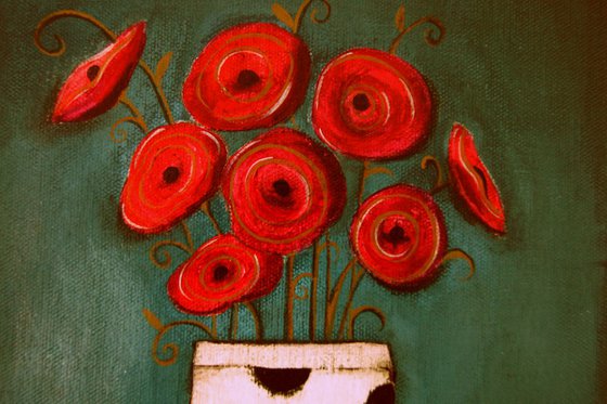 Red Poppies in a Polkadot Vase..,