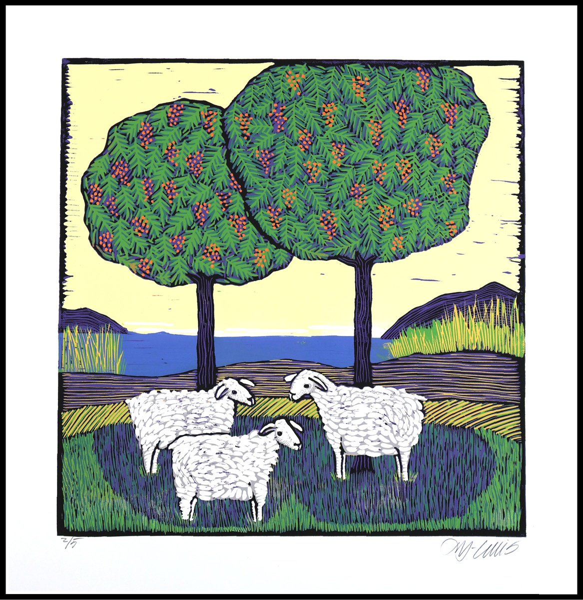 Illustrative Animal Linocut By Mariann Johansen-Ellis, 18 X 19", Golden Sky And Wool Coats, Original Artwork