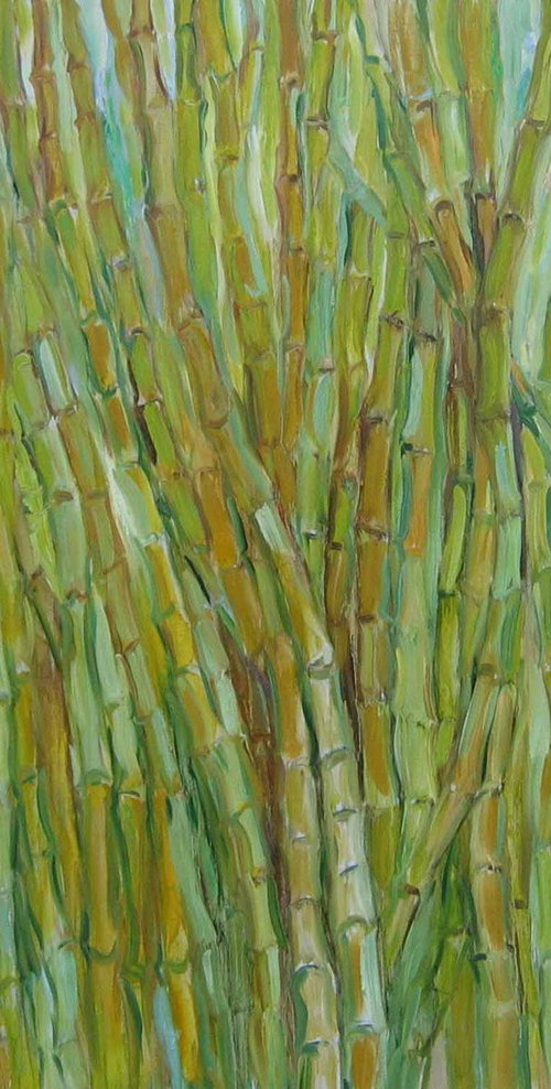 SINGING BAMBOO - Panel, India theme, pants and trees, floral art, large oil original painting, green colours, interior art by Karakhan