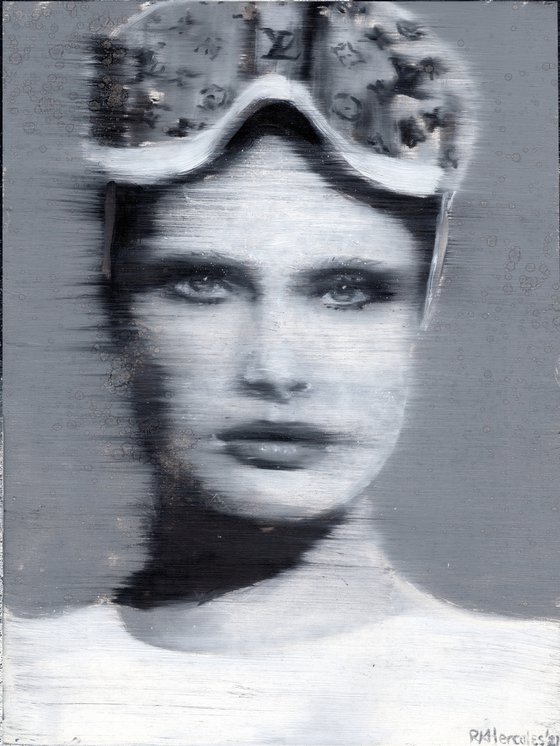 Isabel | Black and white high fashion woman Louis Vuitton ski glasses winter oil painting on paper portrait  | beautiful powerful lady