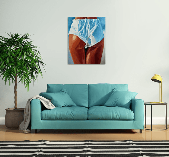 FRESH AND CLEAN - original painting sea swimming erotic art white blue shorts legs erotic art nude sexy pop art office interior home decore