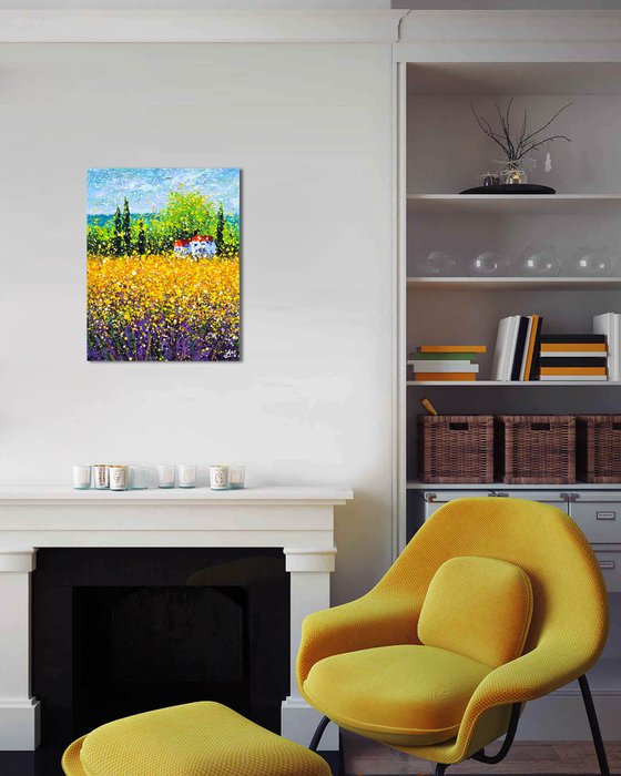 Field of lavender flower Summer landscape Wheat and flower field Toscana Italy landscape painting