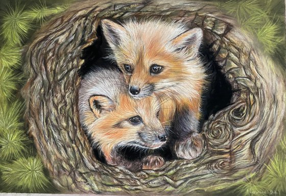 Fox cubs in pastels