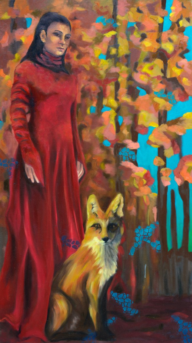 Expressive Animal Oil Painting By Rebeca Fuchs, 28 X 50", Red Forest, Original Artwork