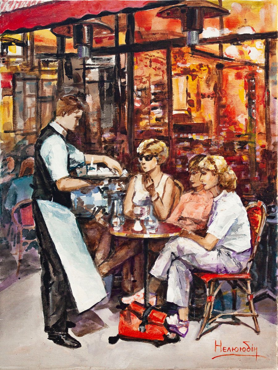 Impressionistic Portrait Acrylic Painting By Aleksandr Neliubin, 12 X 16, Parisian Cafe, Original Artwork