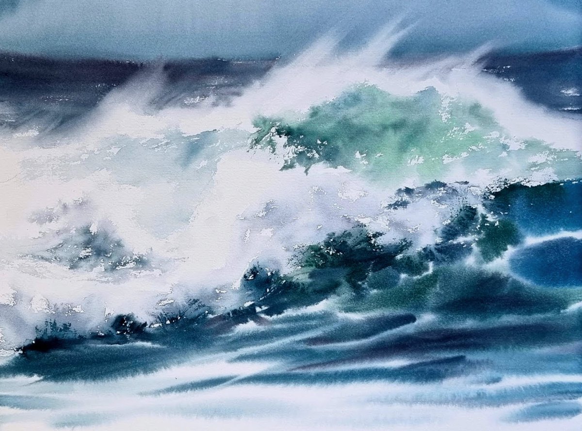 Impressionistic Landscape Watercolour By Elena Genkin, 15 X 11, The Sunny Wave - 5, Original Artwork