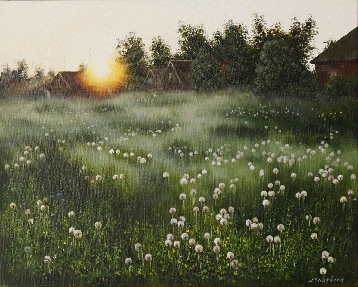 Photorealistic Oil Painting , Dandelion Meadow At Sunrise By Natalia Shaykina, 20 X 16, Artwork For Sale On Artfinder