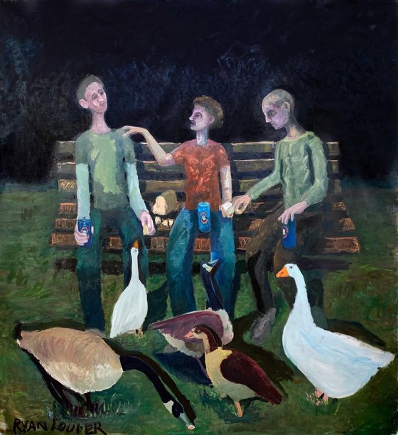 Feeding The Ducks At Night - Large Oil Painting
