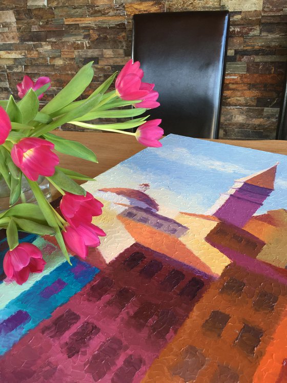 "Sunny day in a colorful city"