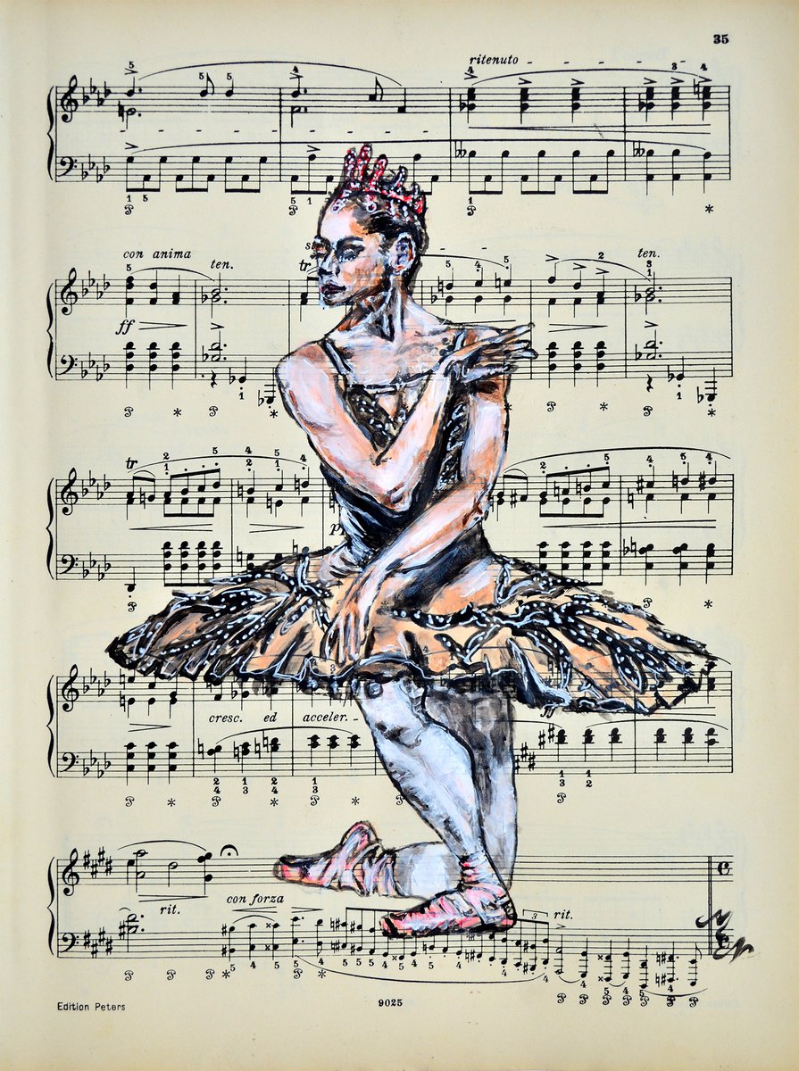 Expressive Portrait Collage By Misty Lady - M. Nierobisz, 8 X 12", Ballerina Xxxv- Music Page, Original Artwork