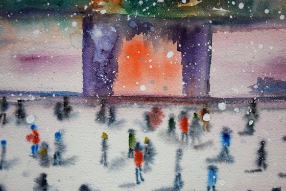 Winter New York watercolor painting, New Year Rockefeller Center, original abstract cityscape, snowy Manhattan