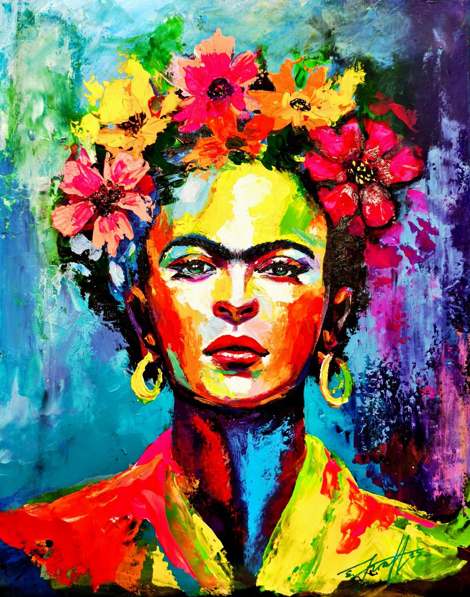 Impressionistic Portrait Acrylic Painting By Elena Kraft, 16 X 20, Echo Of Frida, Original Artwork