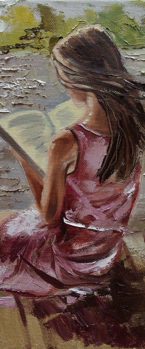 " BOOK LOVER ... VII " original painting LAKE SPRING palette knife GIFT GREEN by Monika Luniak