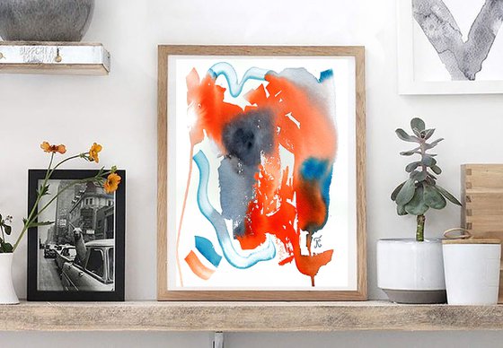 Abstract wall art, Contemporary Watercolor Painting, Modern Abstract blue and orange