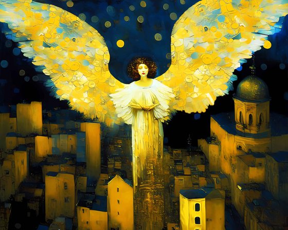 Night Angel. Fairytale cityscape. Original large format fantasy surrealism mythology legend art, symbolic artwork, romantic golden and dark blue wall art for home decor. Nice lovely gift.