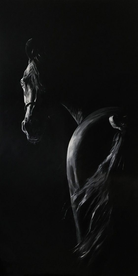 A huge oil painting with a horse "Mystery" 110 * 220 cm