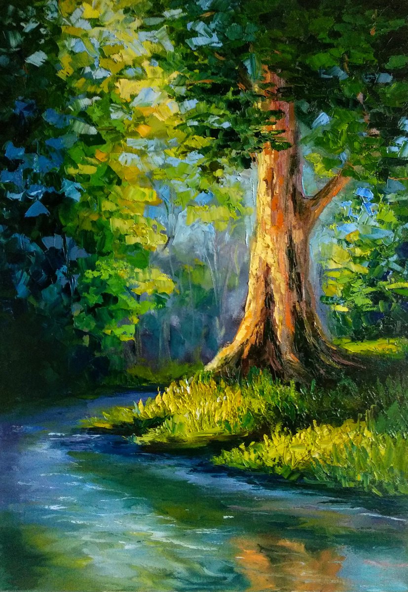 Summer Landscape Sunny Forest Big Tree Day River Green Yellow by Anastasia Art Line