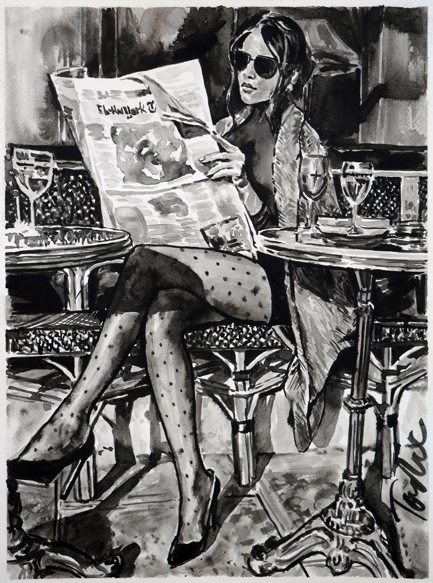 Urban And Pop Portrait Ink Drawing By Tashe, 12 X 16", Breakfast In Manhattan, Original Artwork