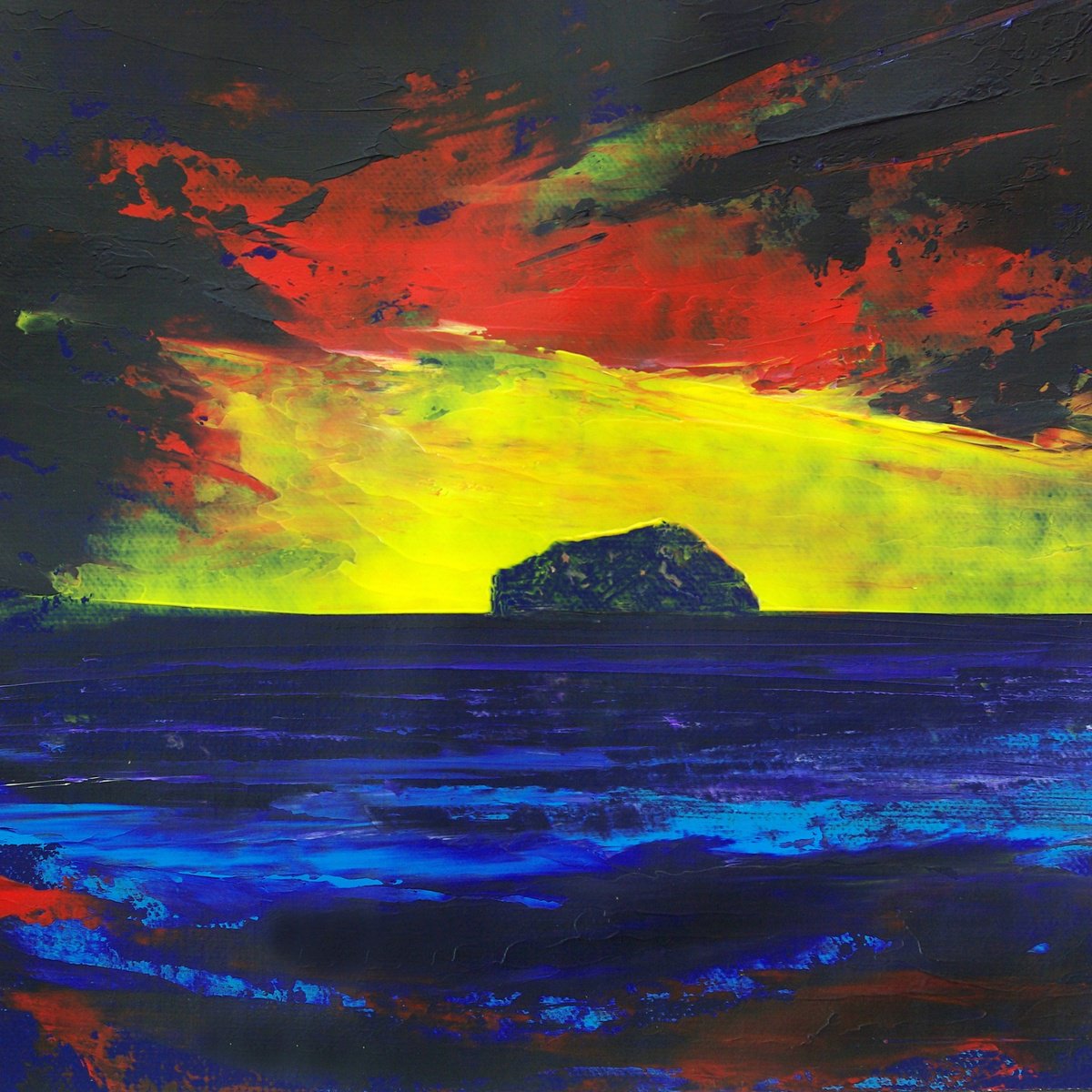 Organic Landscape Acrylic Painting By Oconnart, 10 X 10", Bass Rock, Scotland, Original Artwork