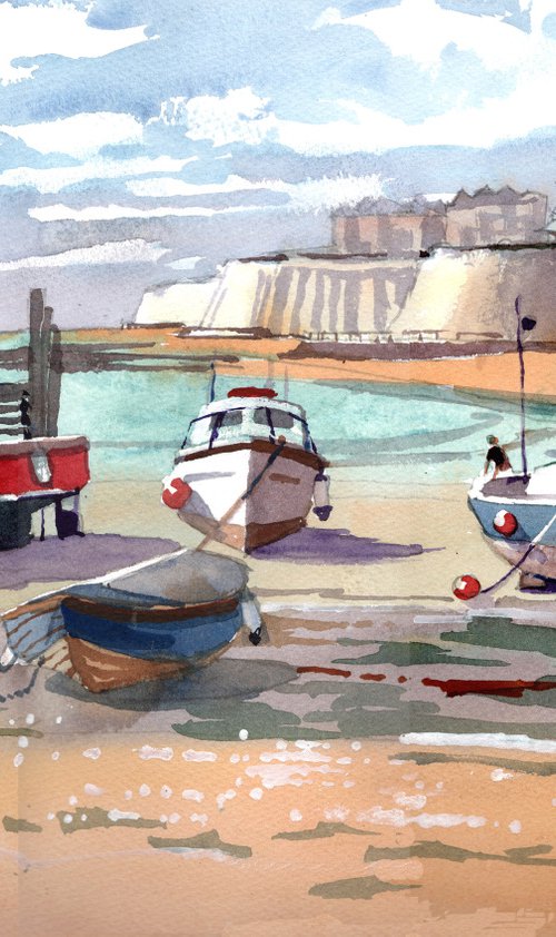 Broadstairs, Incoming Tide, June, Jetty, Chalk Cliffs, Sea and Beach by Peter Day