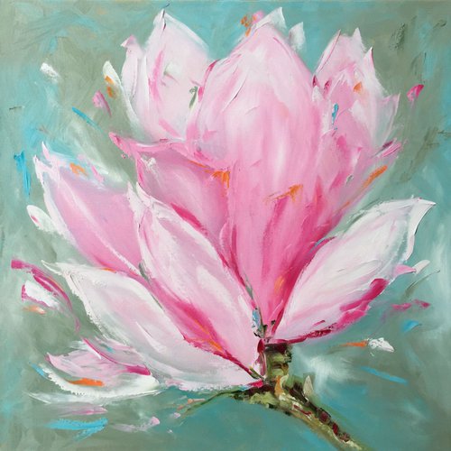 Spring Magnolia 30"x30" oil on canvas with brush and palette knife by Emma Bell