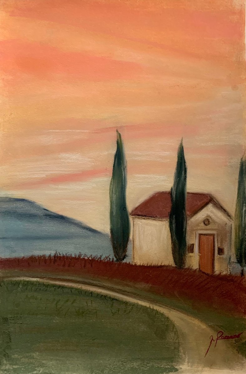 Illustrative Landscape Pastel Drawing By Maria Romano, 12 X 18", Tuscany, Original Artwork