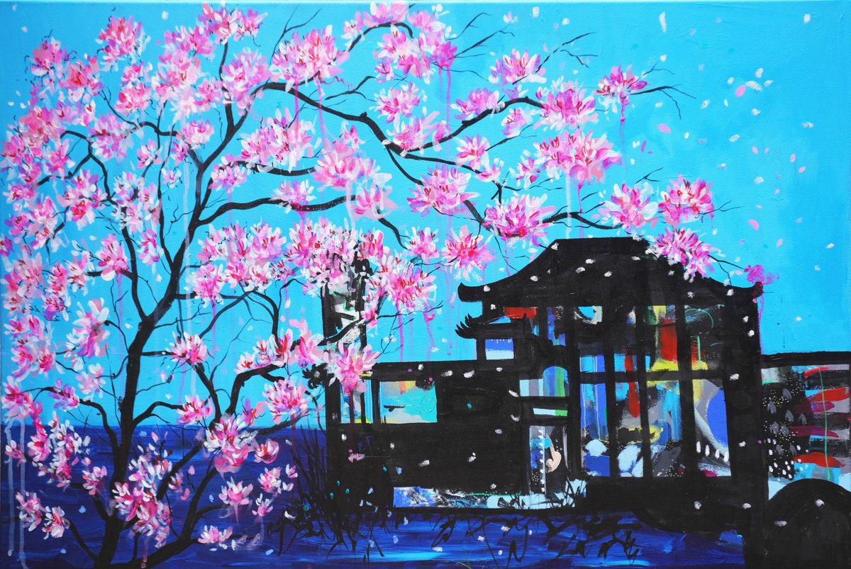 Expressive Landscape Oil Painting By Aasiri Wickremage, 35 X 24, Sakura In Nara, Original Artwork