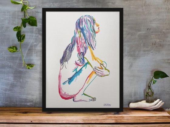 Female Nude Art Original Painting Drawing Charcoal Water Colour Nude