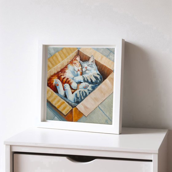 A Pair Of Cats In A Box Oil Painting
