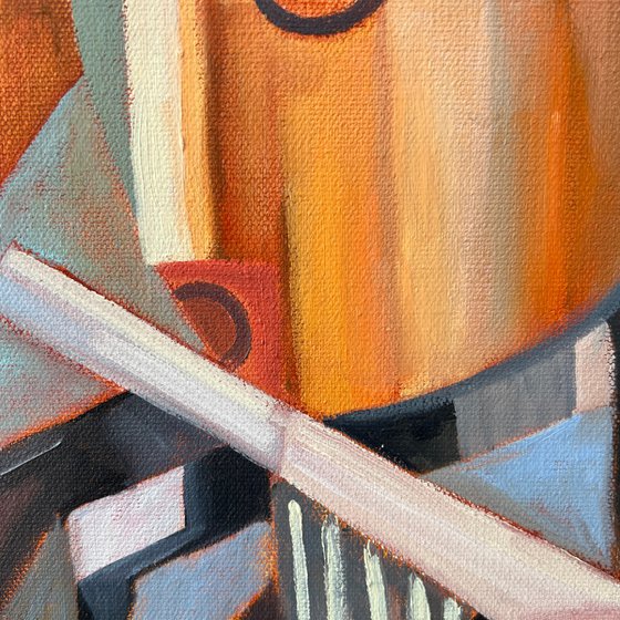 Cubist Flutist Art — Musician in Warm Hues