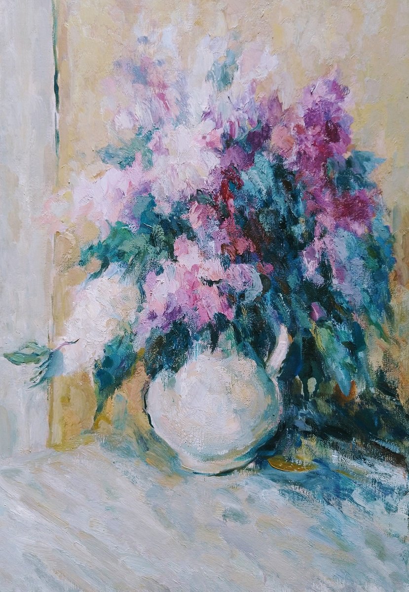 Impressionistic Still Life Oil Painting By Elena Klyan, 14 X 20, Lilac. Original Oil Painting., Original Artwork