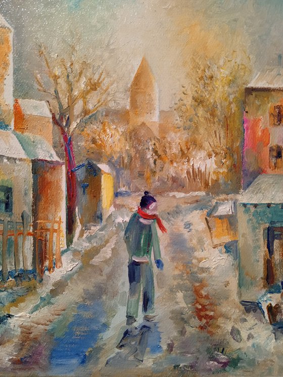 Winter walking(18x24cm, oil painting, ready to hang)