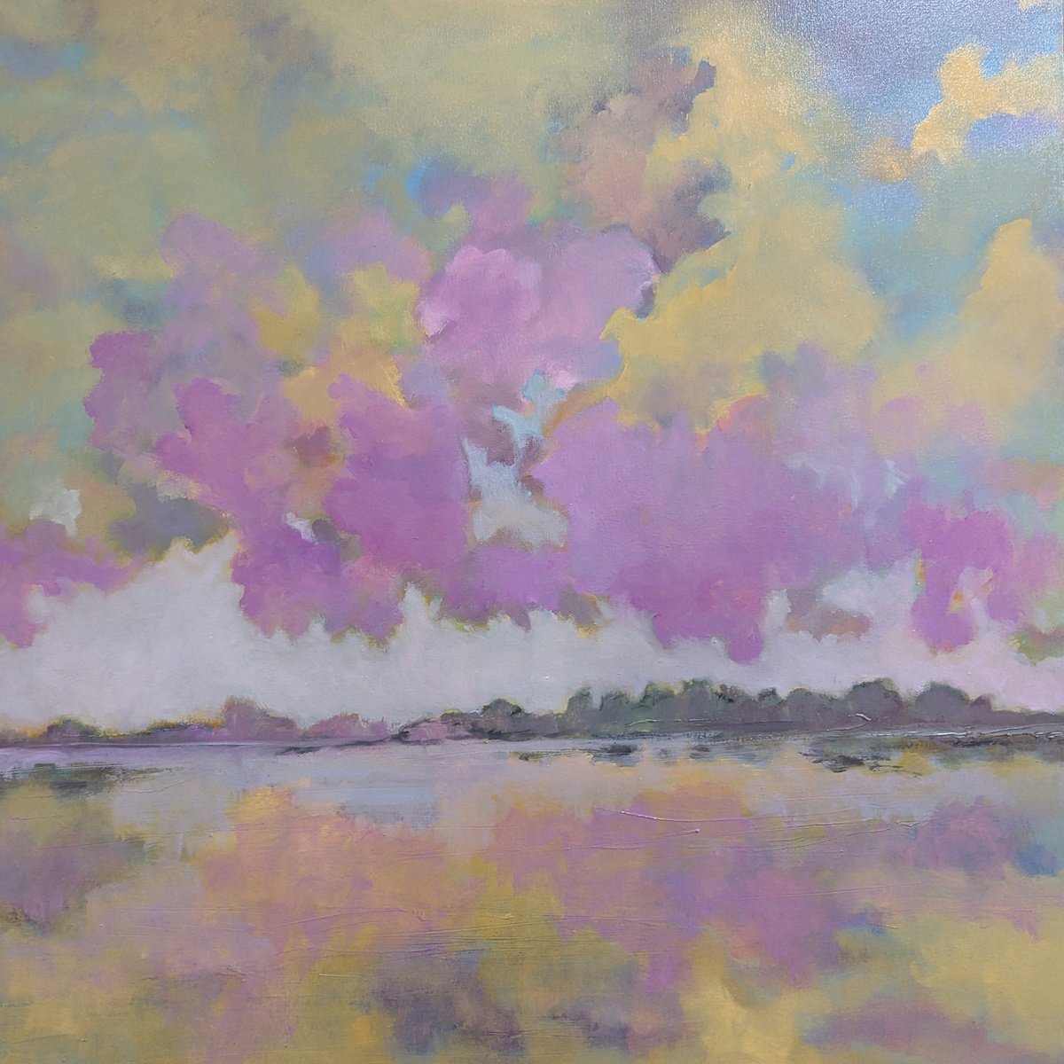 Impressionistic Landscape Oil Painting By Veta Barker, 36 X 36", Arty Clouds, Original Artwork