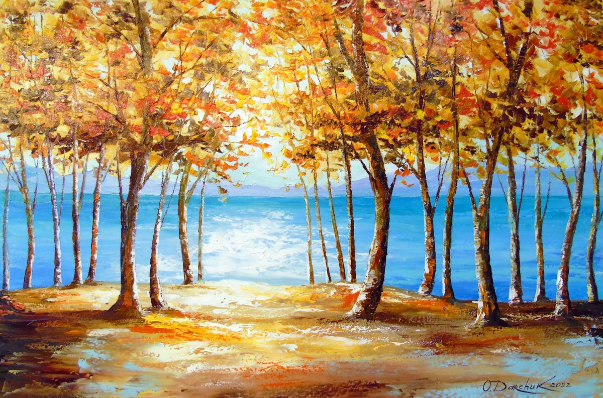 Impressionistic Landscape Oil Painting By Olha Darchuk, 35 X 24", Autumn Dawn By The River, Original Artwork