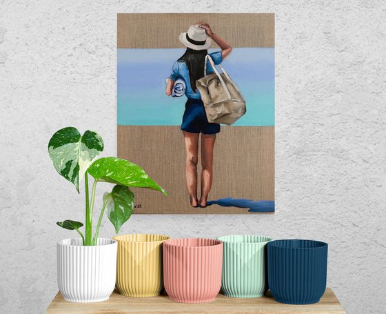 To the Beach - Woman Painting on Linen Canvas