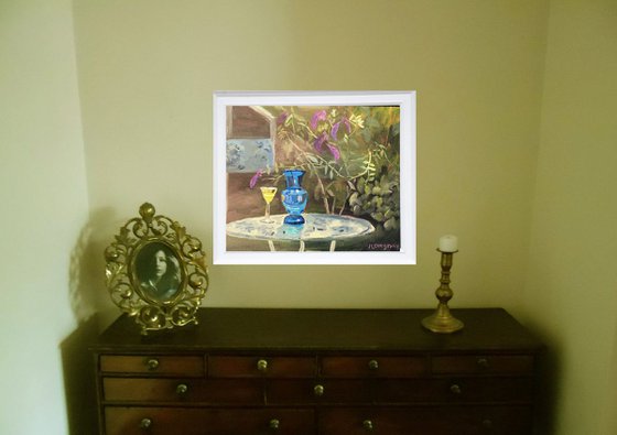 Garden Still Life - An original painting of antiques in the garden. Unframed