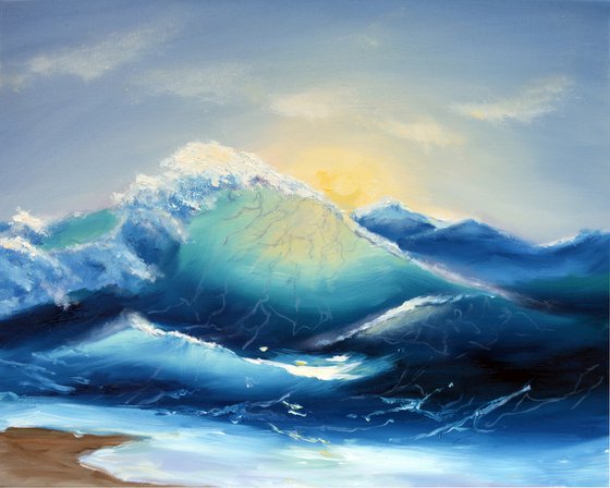 Sunrise at the seaside. Big waves. Original oil painting Painting by Anna Brazhnikova