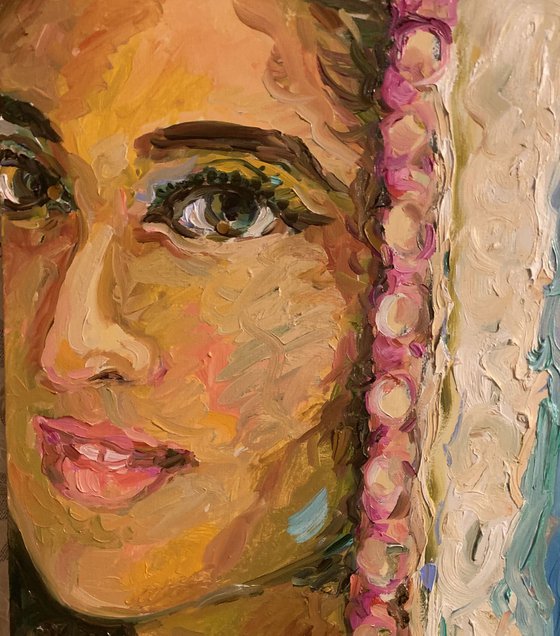 GIRL WITH BEADS- female portrait, face, love, original oil painting, light blue rose, Valentine 70x40