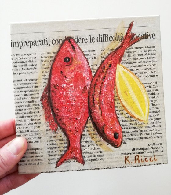 "Red Mullets on Newspaper" Original Oil on Canvas Board Painting 6 by 6 inches (15x15 cm)