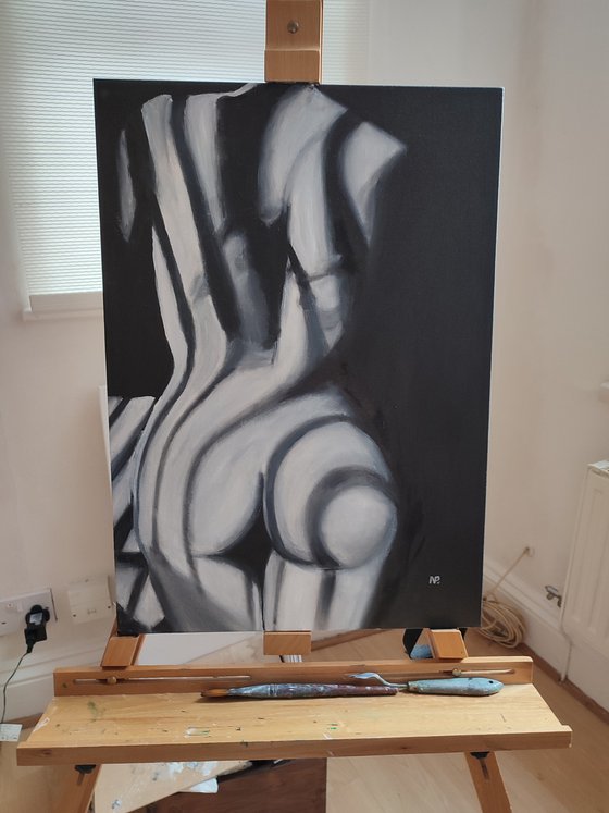Shadows, original nude erotic oil painting, black and white art, gestural art