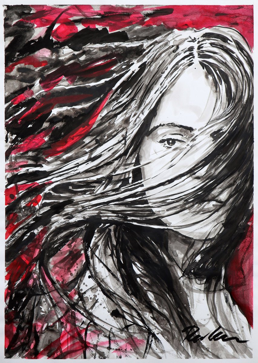 Urban And Pop Portrait Ink Drawing By Tashe, 20 X 28", Tumultuous Times, Original Artwork