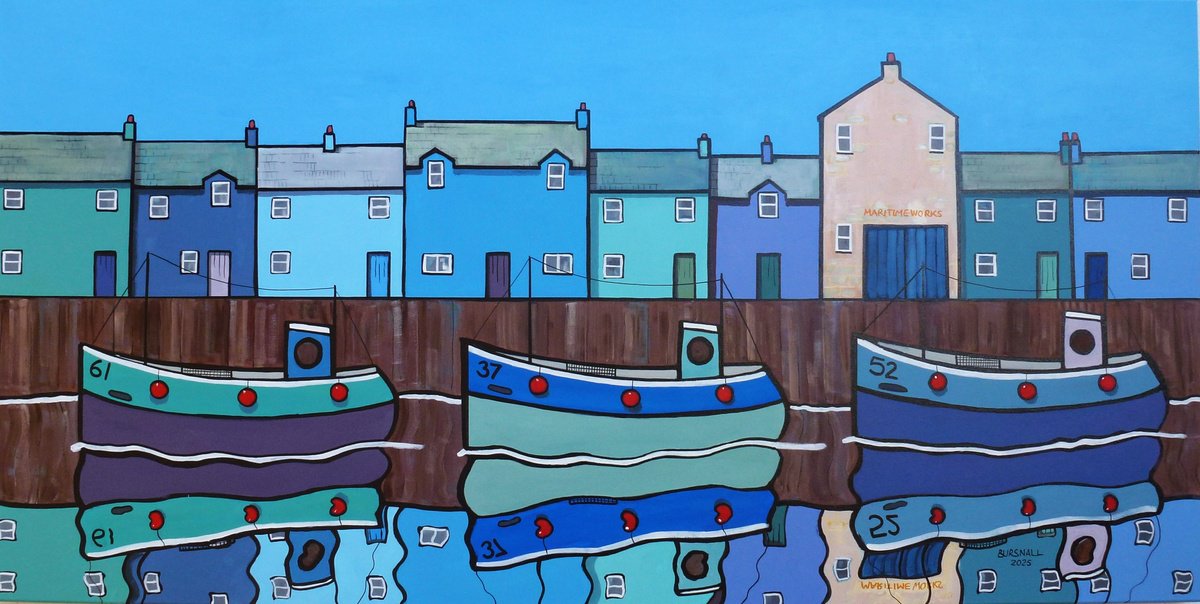 Naive Landscape Acrylic Painting By Paul Bursnall, 48 X 24", Maritime Works, Original Artwork